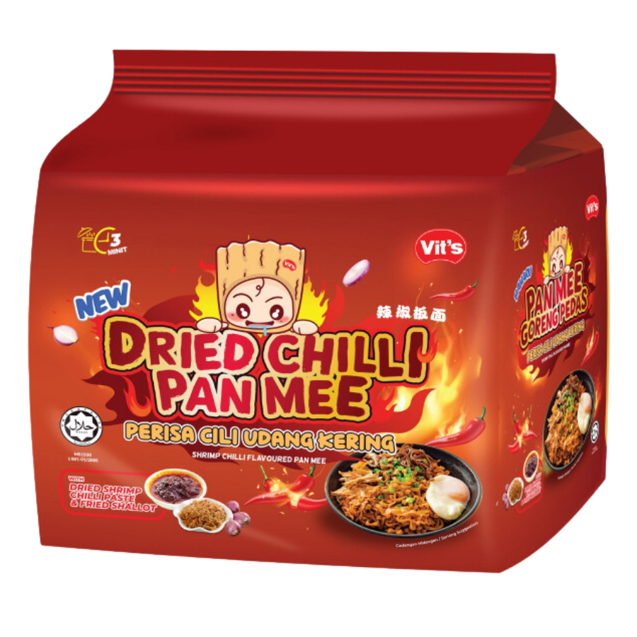 Vit's Dried Chilli Pan Mee Shrimp Chilli Flavoured 4x93g Pack